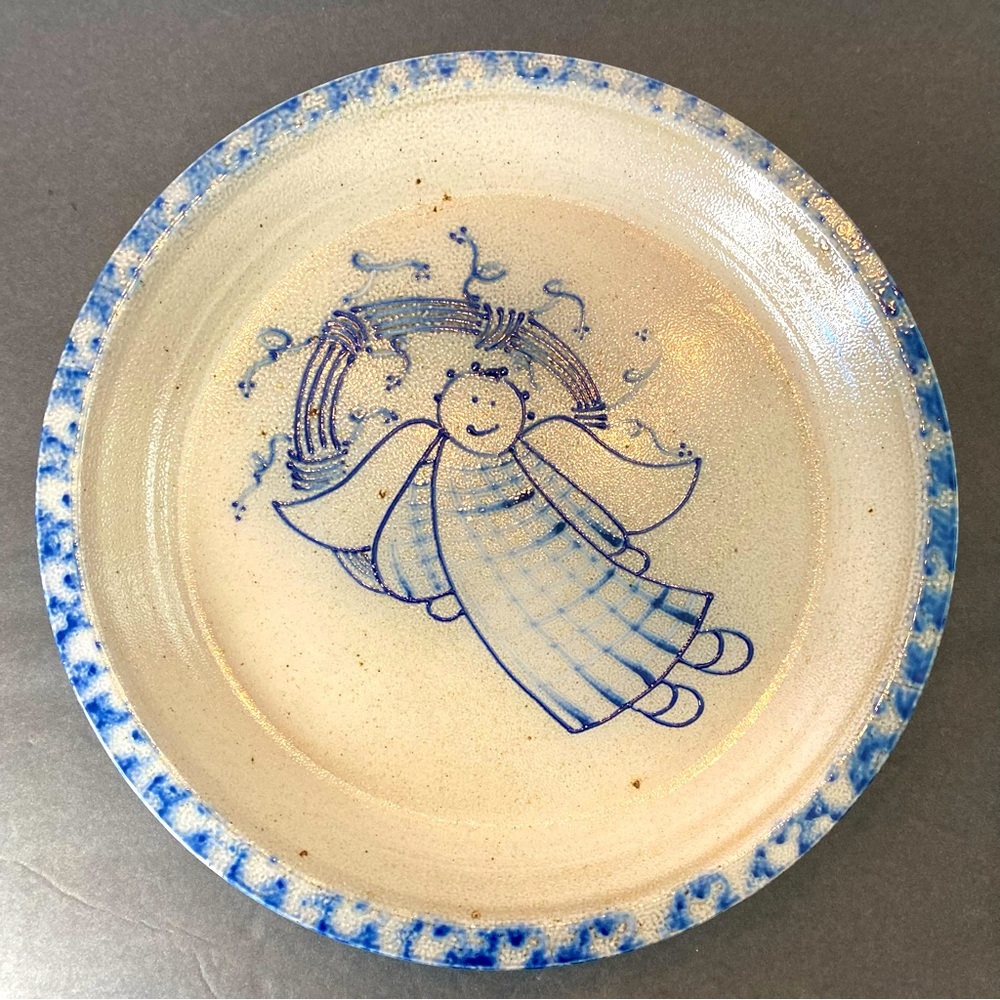 Eldreth Pie Plate Angel 1998 Blue Stoneware Salt Glaze Pottery  11" Sign…